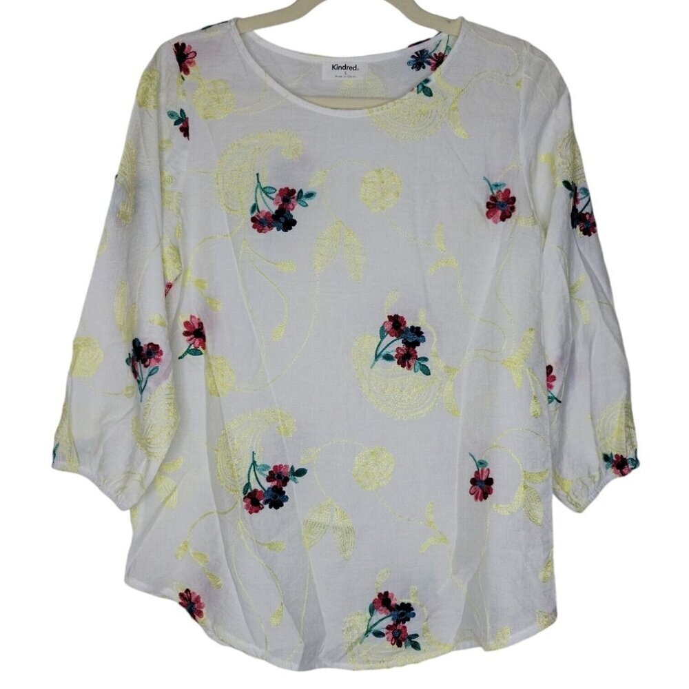 Anthropologie Kindred Top Women S Embroidered Floral Paisley 3/4 Sleeve Peasant
